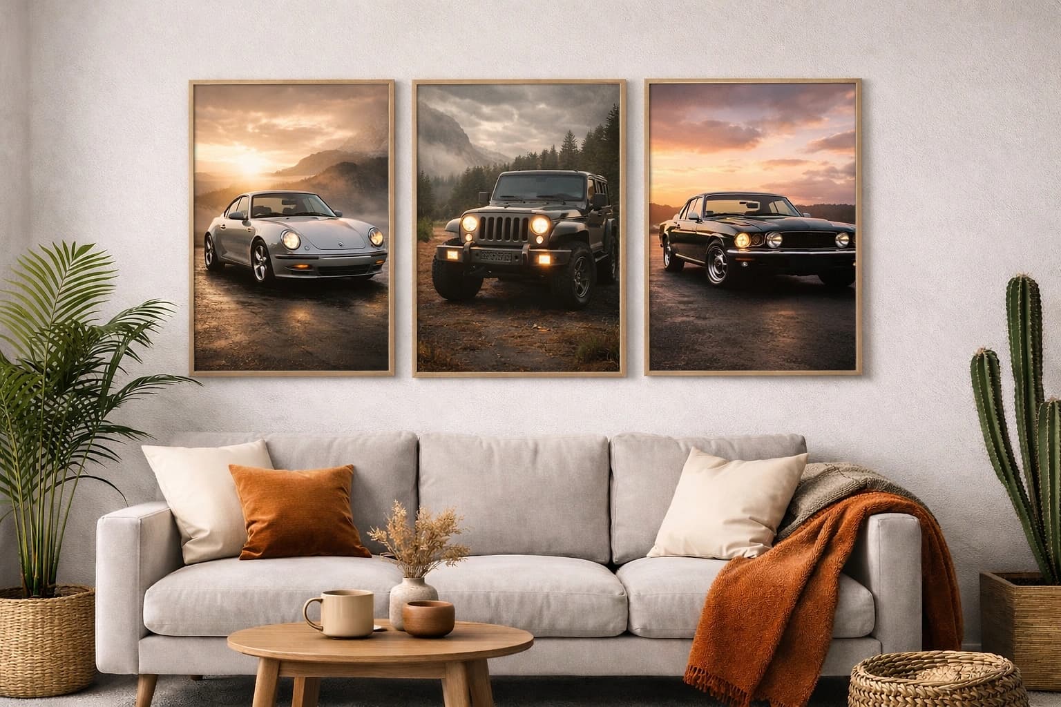 Постер с жёлтым автомобилем в интерьере